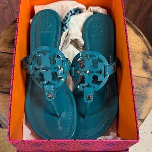 Tory Burch Teal Patent Logo Thong Sandals